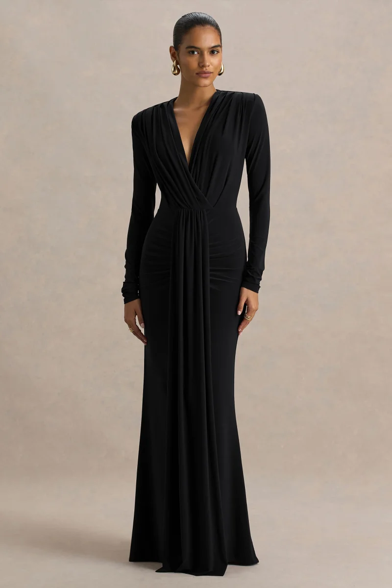 Flashy | Vestido Largo negro con escote pronunciado y detalles fruncidos - Imagen 5