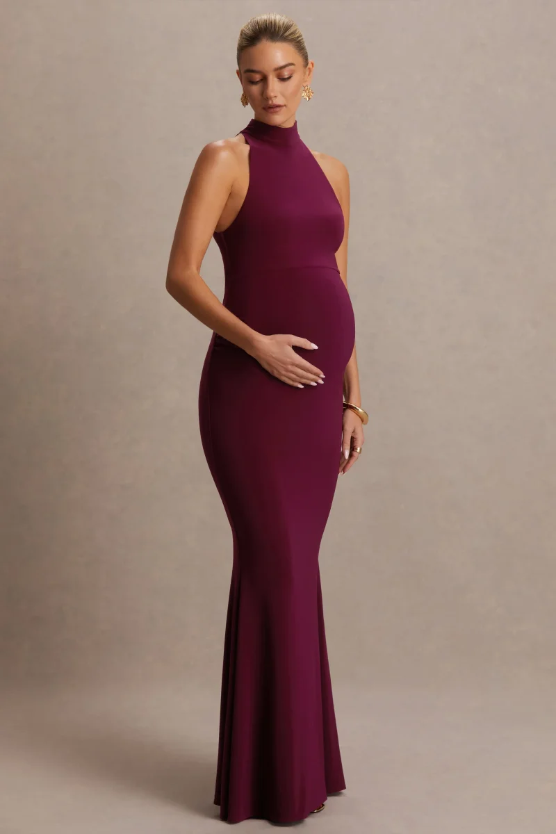 Kaia | Vestido Premamá Burdeos con Escote Halter - Imagen 2