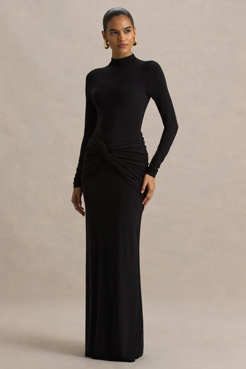 Alula | Vestido Largo Negro con Escote Alto y Detalle de Nudo - Imagen 4