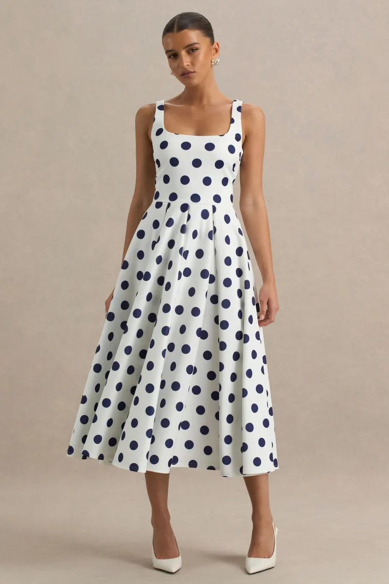 Berta | Vestido midi con escote cuadrado y falda volumen de lunares azul marino - Imagen 5