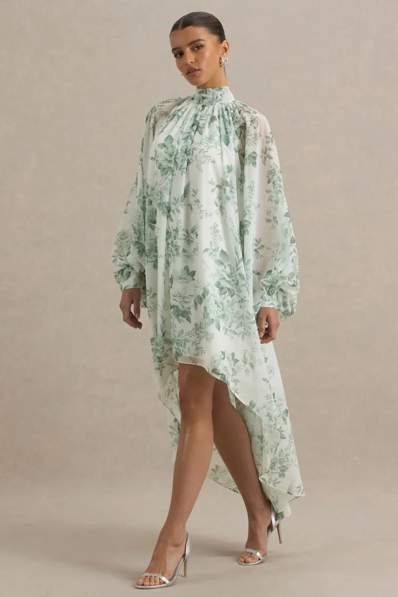 Delphia | Vestido Largo de Chiffón y Estampado Floral Verde - Imagen 5