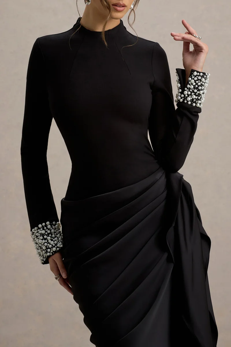 Luanna | Vestido Midi Negro de Satén con Mangas Largas y Falda Drapada - Imagen 5
