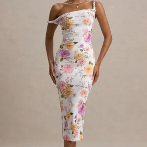 Nora | Vestido midi ajustado con escote asimétrico con detalle torcido con estampado floral