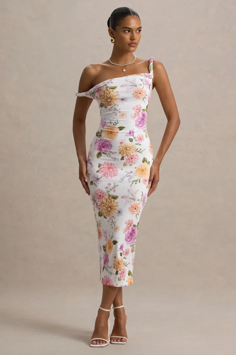 Nora | Vestido midi ajustado con escote asimétrico con detalle torcido con estampado floral - Imagen 2