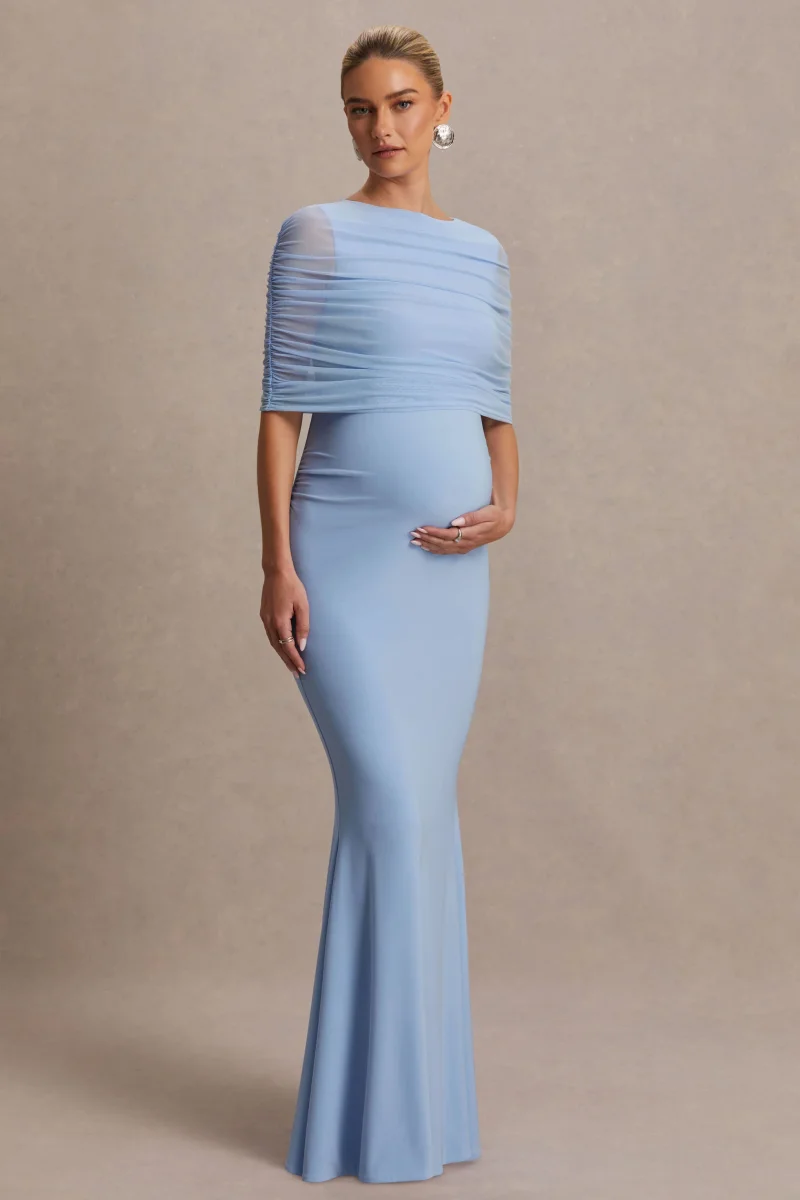 Zaria | Vestido Largo Azul Polvo con Escote Redondo y Capa Superpuesta - Imagen 6
