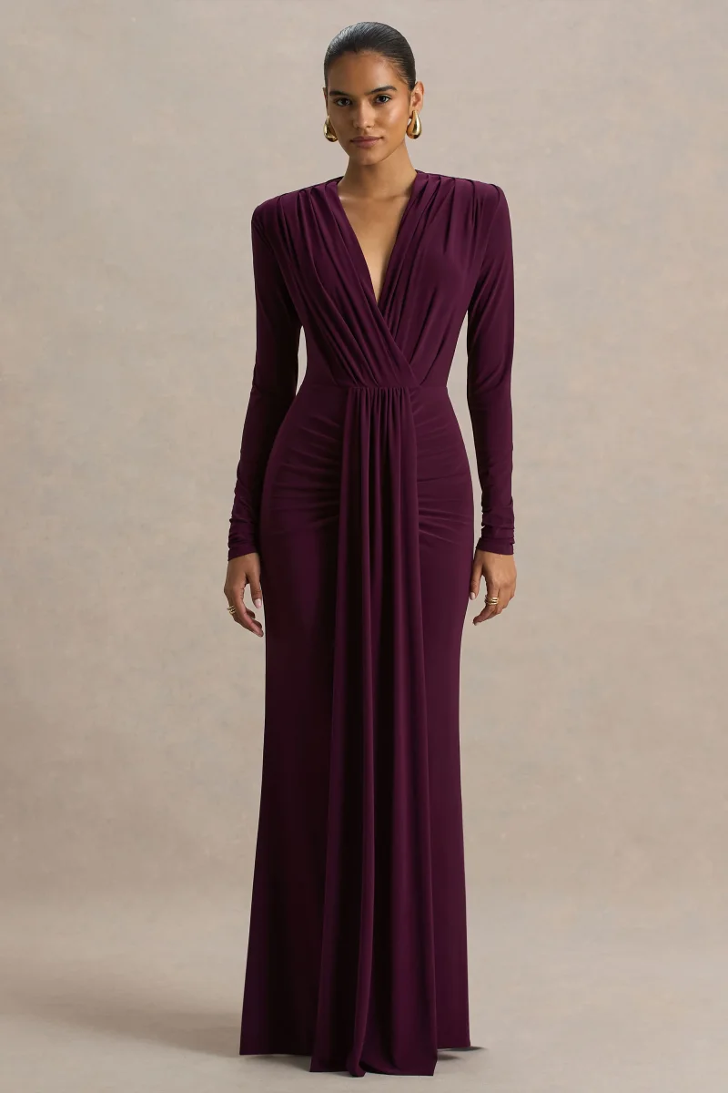 Flashy | Vestido Largo burdeos con escote pronunciado y detalles fruncidos - Imagen 5