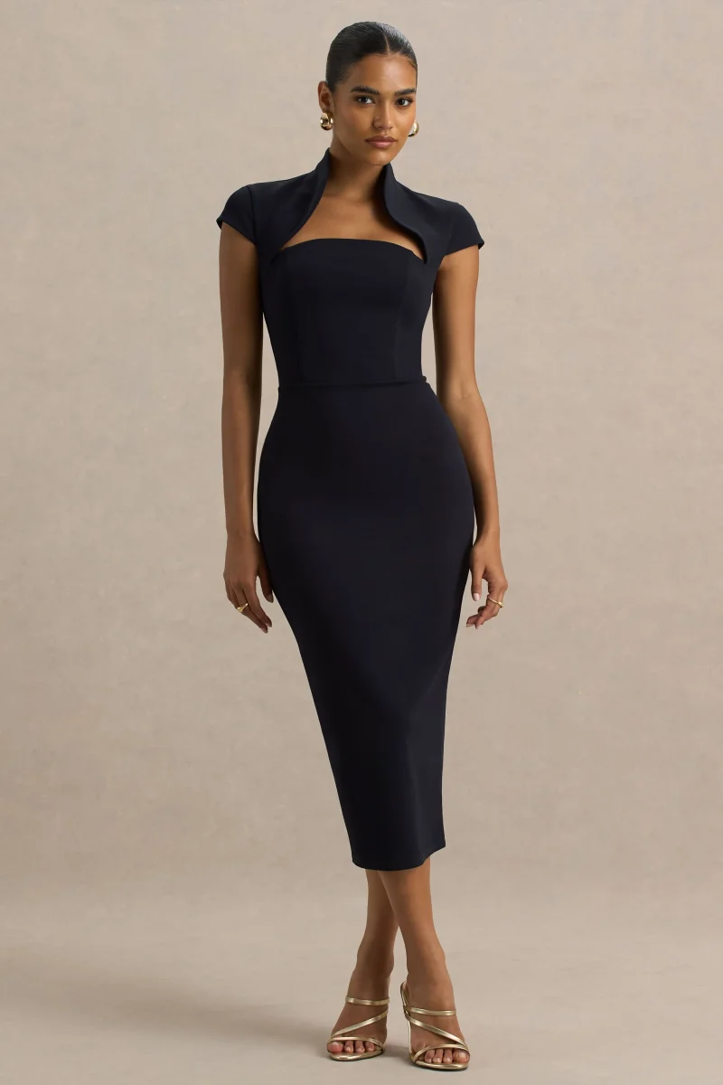 Elsie | Vestido Midi Azul Marino con Escote Recortado y Mangas Cortas - Imagen 6