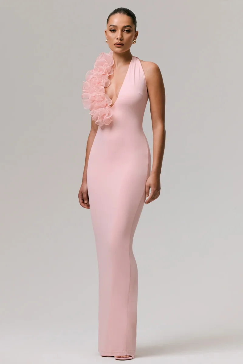 Harriet | Vestido largo rosa con escote pronunciado y detalle floral lateral - Imagen 4