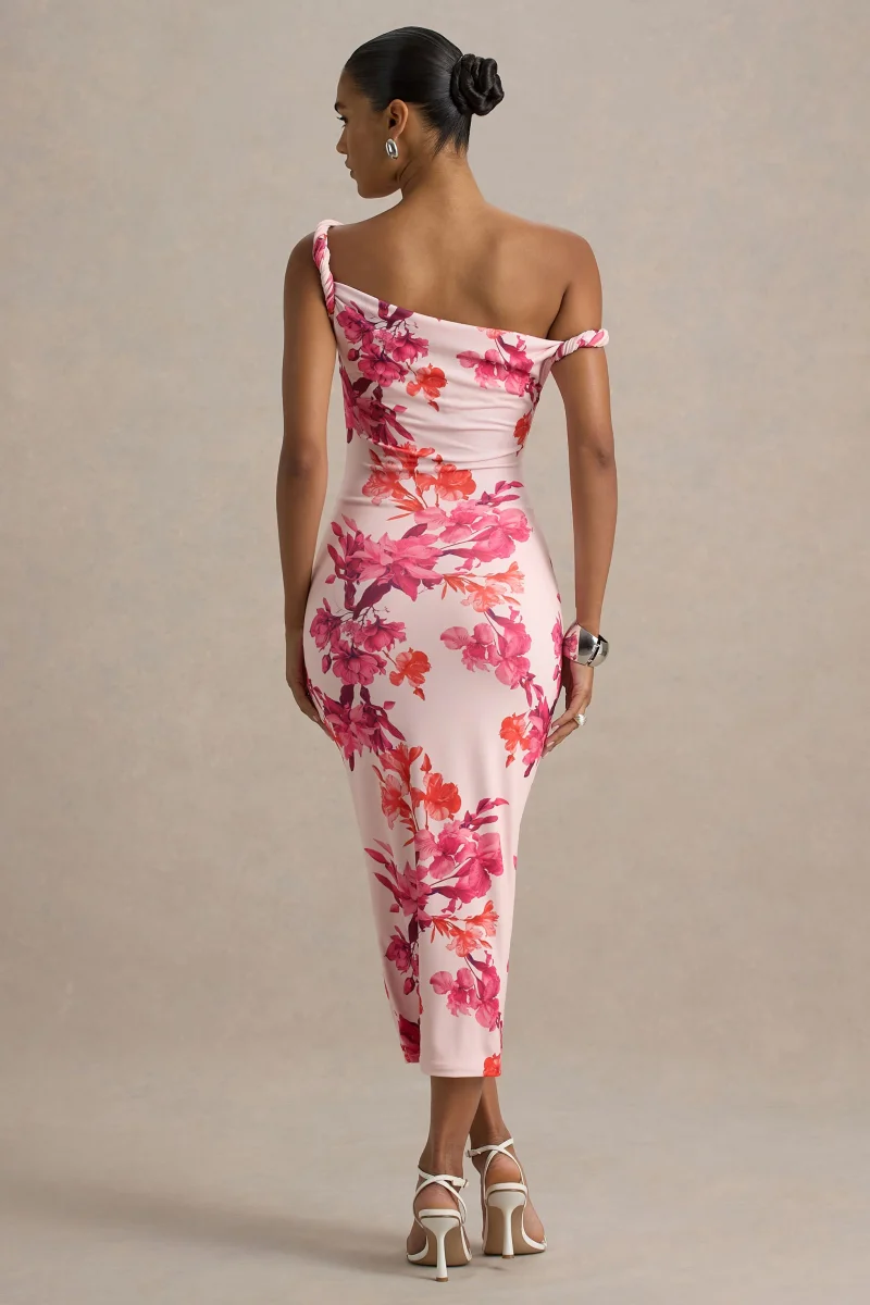 Tatian | Vestido midi entallado con escote asimétrico y estampado floral rosado - Imagen 3