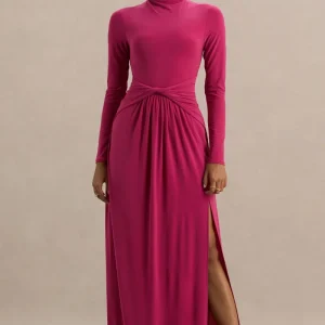 Hourglass | Vestido Largo Fucsia de Manga Larga con Escote alto, Detalle Cruzado en la Cintura y Abertura Frontal