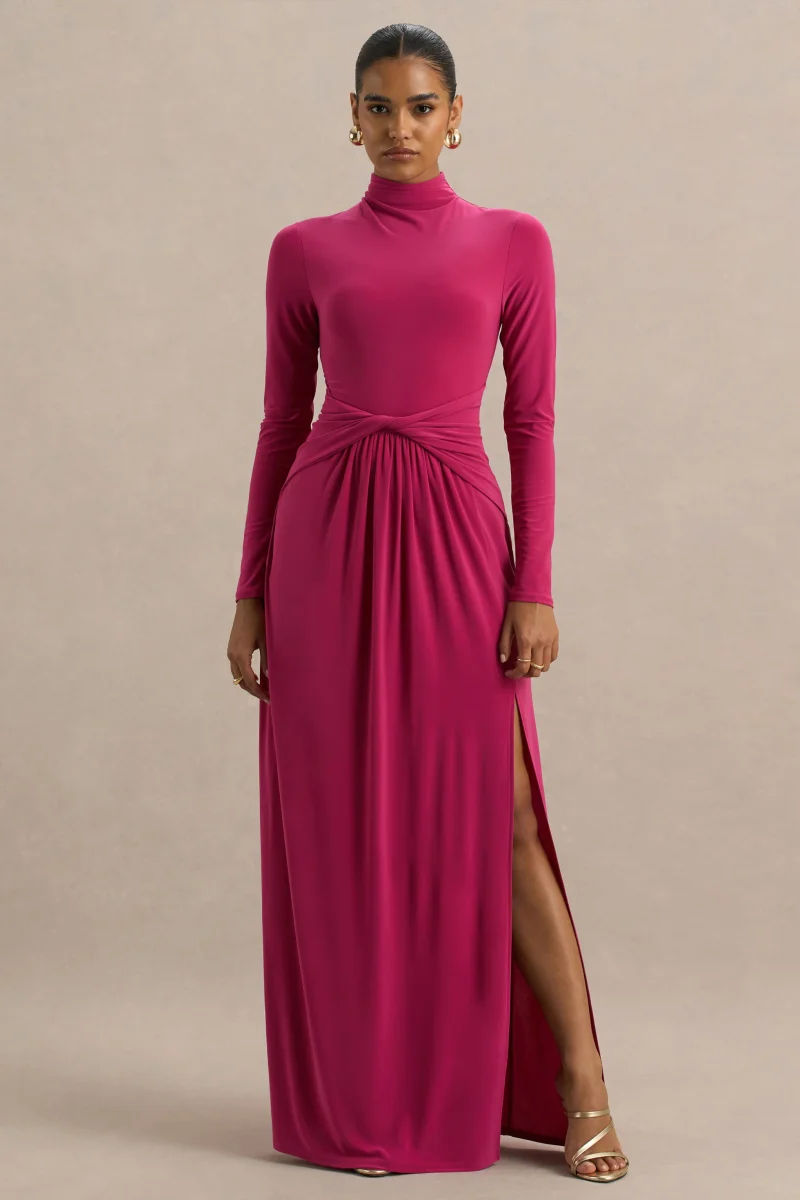 Hourglass | Vestido Largo Fucsia de Manga Larga con Escote alto, Detalle Cruzado en la Cintura y Abertura Frontal
