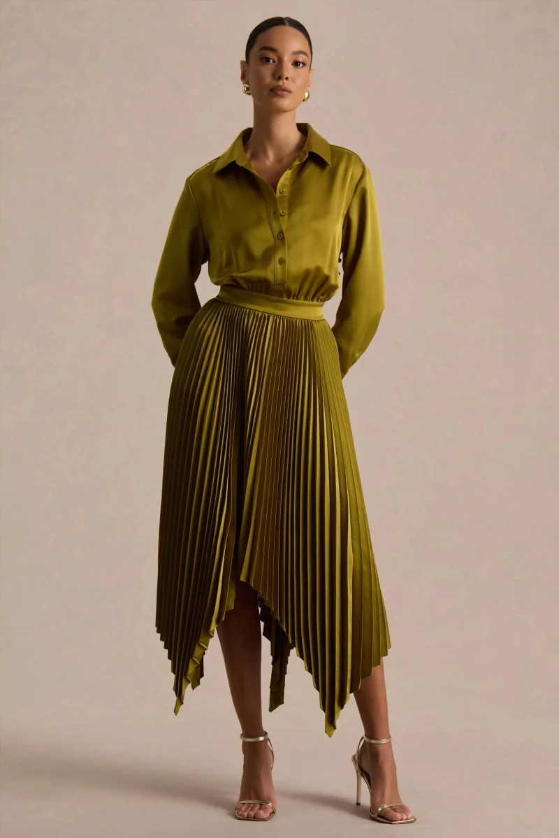 Naxos | Vestido Largo Camisero de Satén Color Oliva - Imagen 4