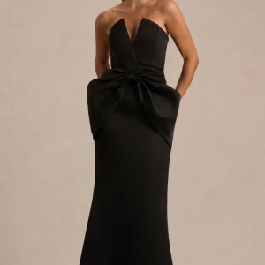 Sonata | Vestido Largo Negro de Satén con Escote Bandeau y Falda Tulipán