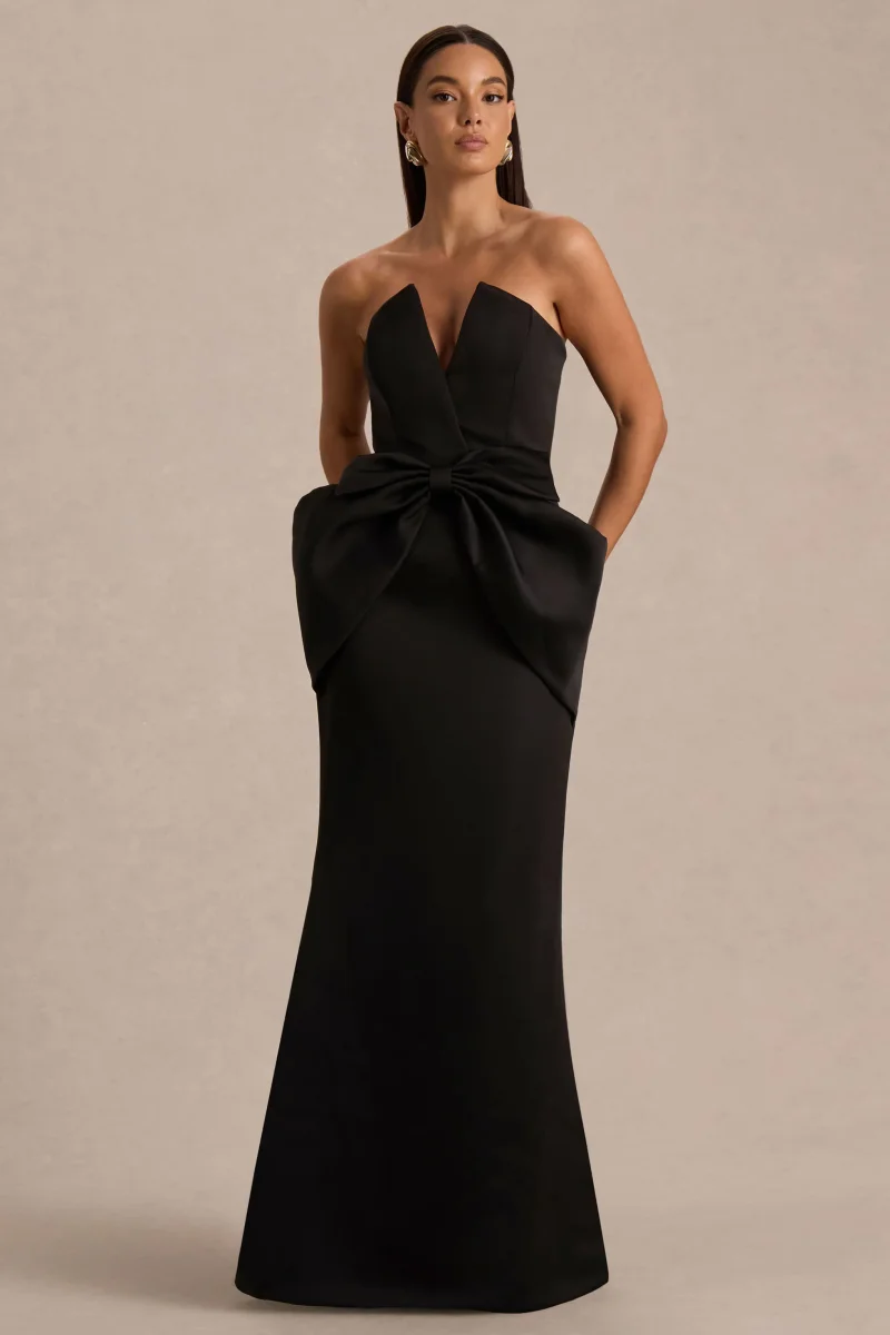Sonata | Vestido Largo Negro de Satén con Escote Bandeau y Falda Tulipán - Imagen 2