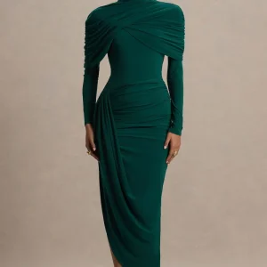 Aneira | Vestido largo de cuello alto verde botella con mangas capeadas