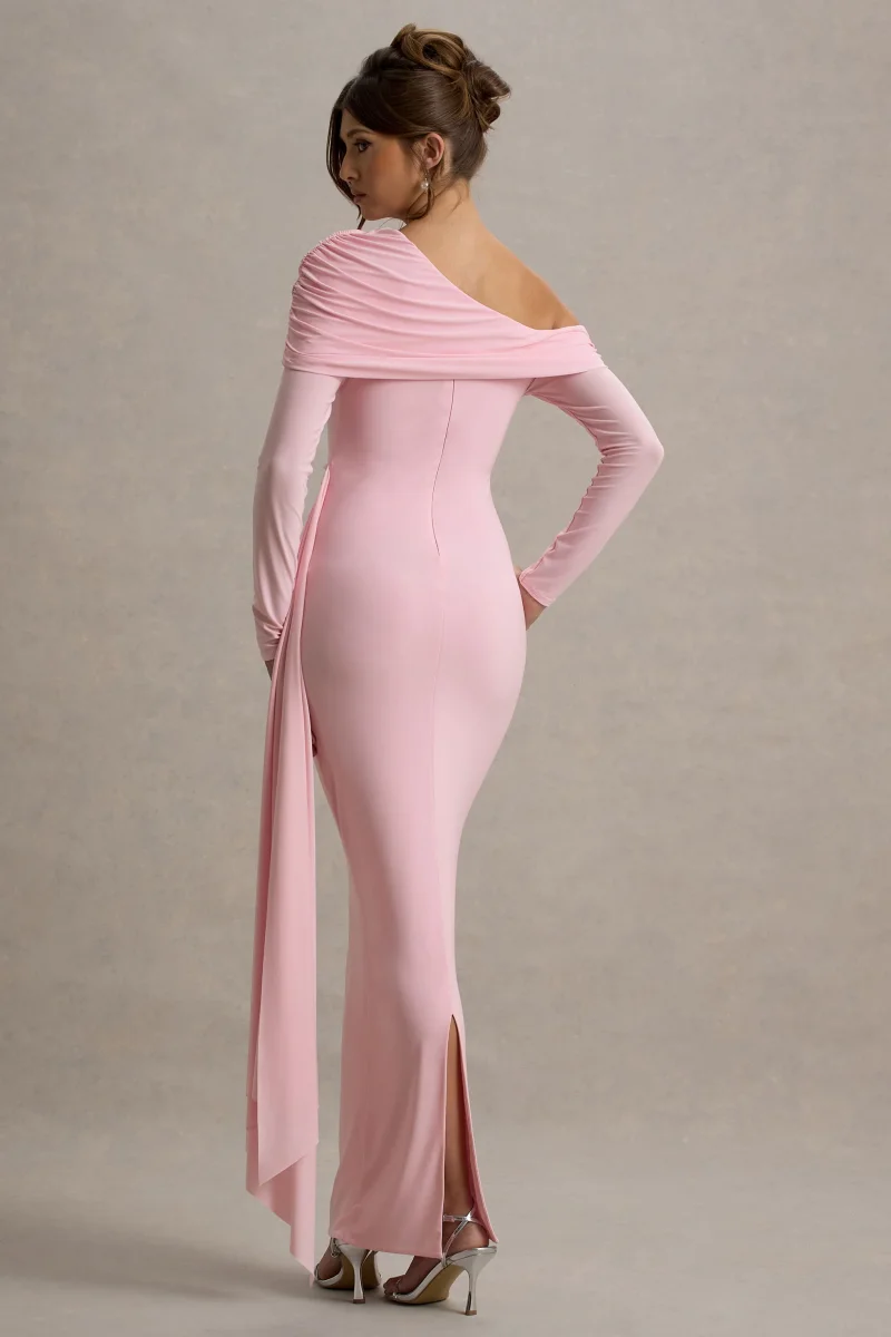 Valina | Vestido largo rosa con mangas largas y drapeado lateral - Imagen 3