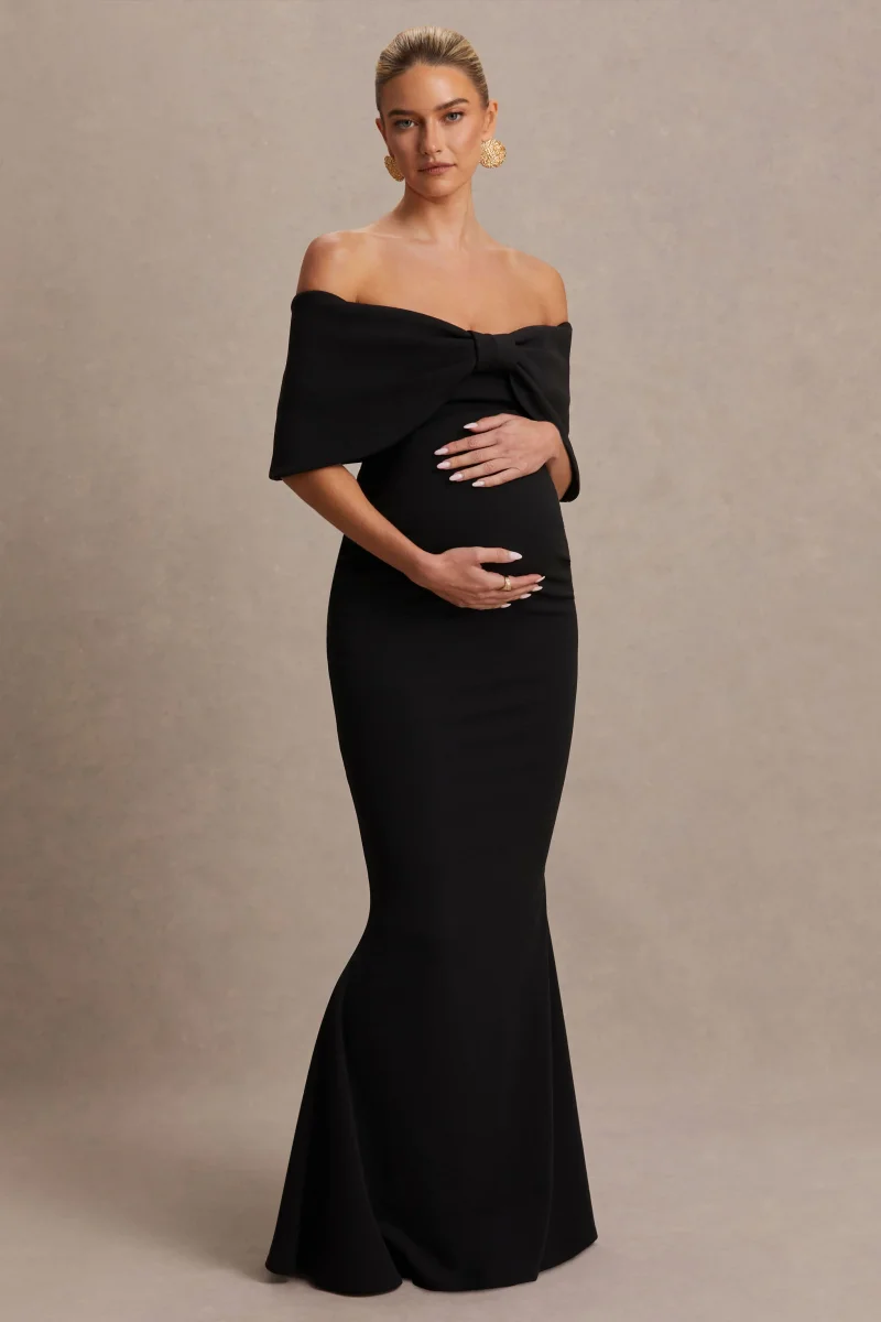 Libra | Vestido largo premamá con lazo negro y escote bardot - Imagen 6