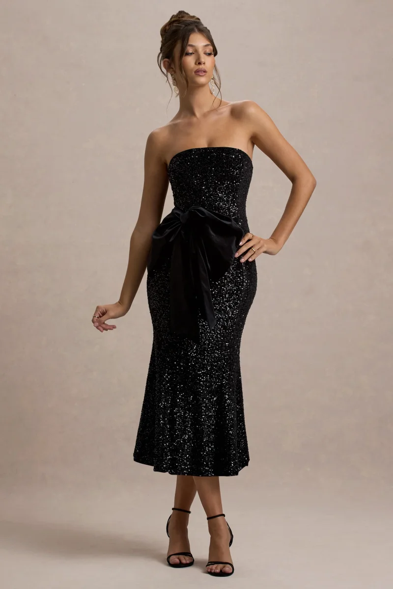 Adee | Vestido Midi de Terciopelo Negro con Escote Halter y detalle de Lazo - Imagen 6