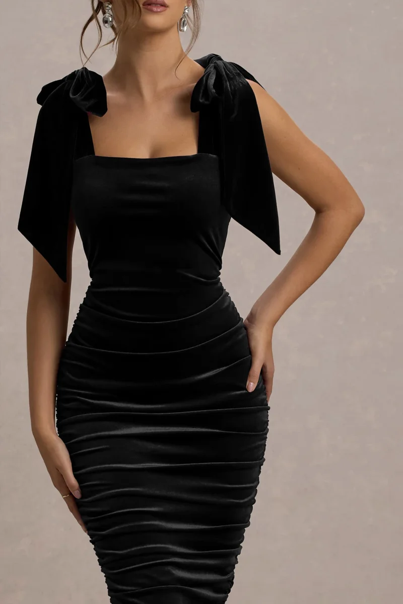 Tarna | Vestido Midi Negro de Terciopelo con Tirantes de Lazo - Imagen 4