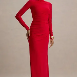 Alluring | Vestido largo Rojo de Cuello Alto con Detalles Fruncidos