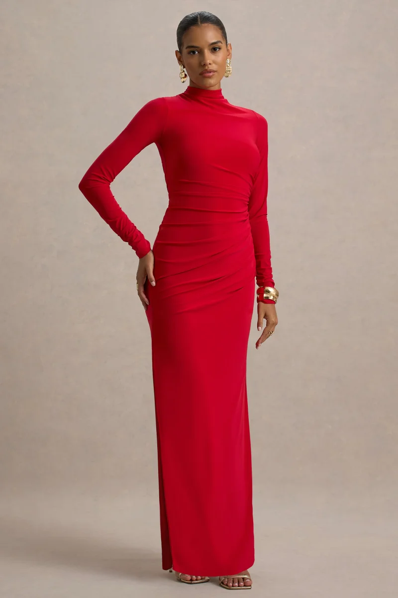 Alluring | Vestido largo Rojo de Cuello Alto con Detalles Fruncidos - Imagen 2
