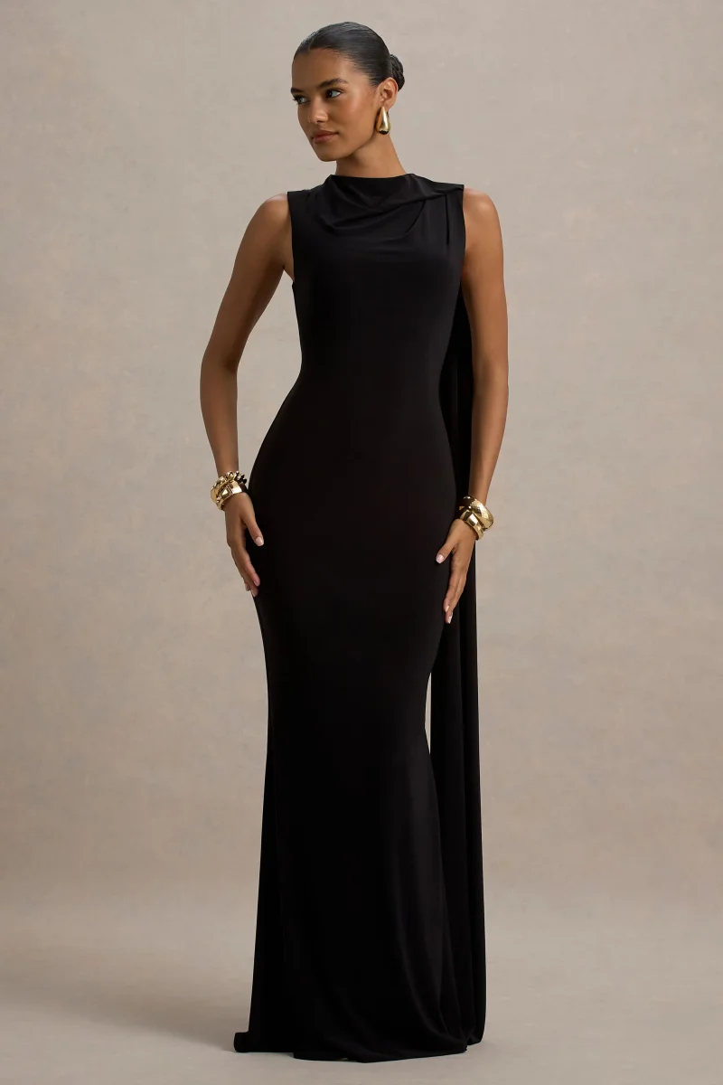Mia | Vestido largo negro con escote barco y detalle de cinta - Imagen 4