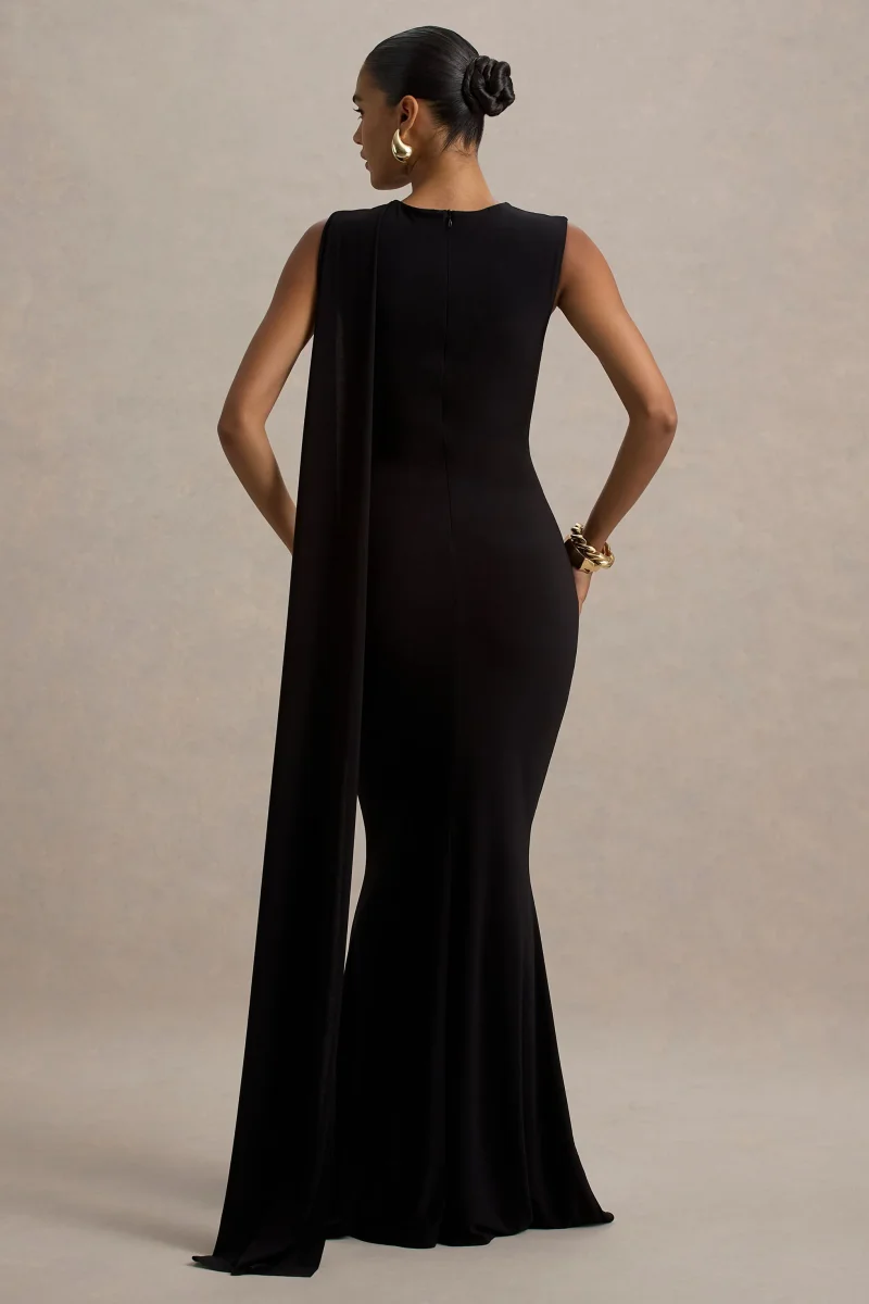 Mia | Vestido largo negro con escote barco y detalle de cinta - Imagen 3