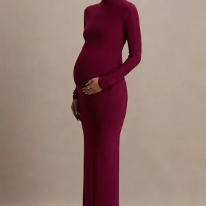Alejandra | Vestido Largo premamá en burdeos con manga larga y escote alto