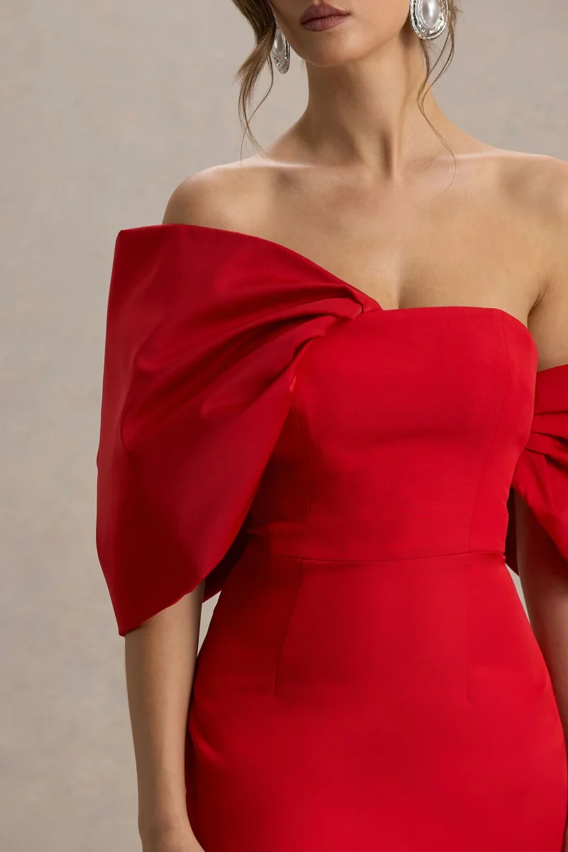 Lucille | Vestido midi rojo con escote bardot con detalle de lazo y mangas drapeadas - Imagen 7