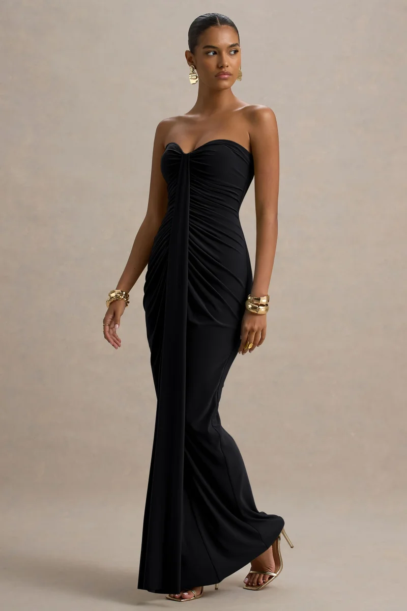 Ali | Vestido Largo Negro De Cuello Corazón Con Fruncidos Y Detalle De Faja - Imagen 5