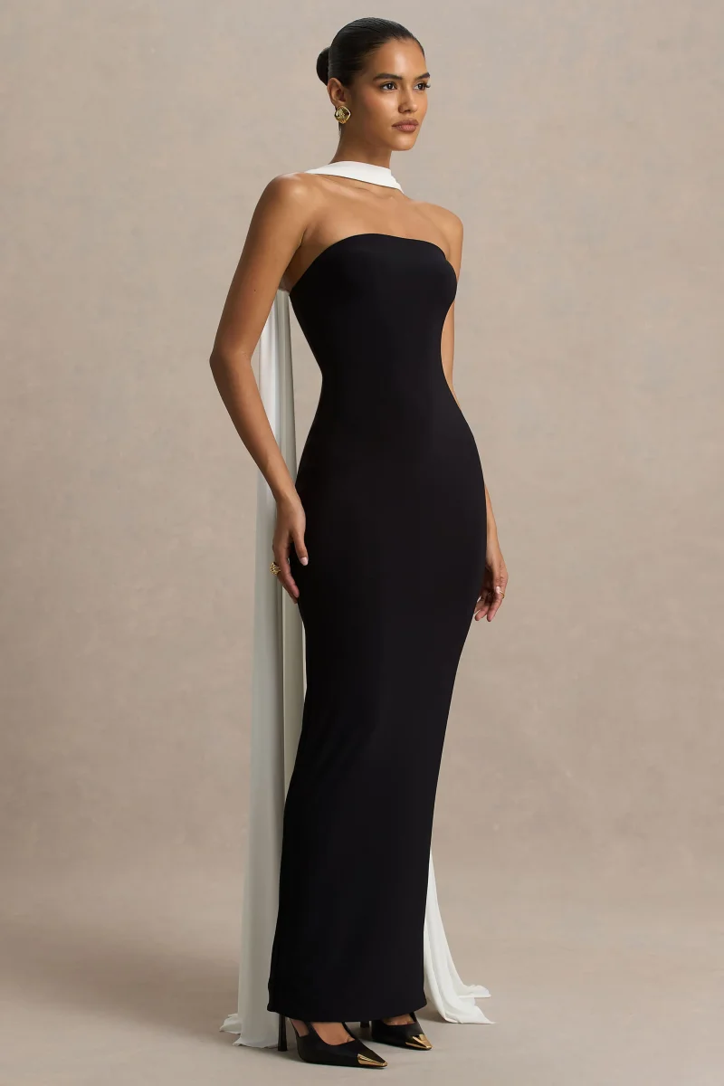 Kelilah | Vestido Largo negro y blanco con cuello bandeau y detalle de pañuelo - Imagen 6