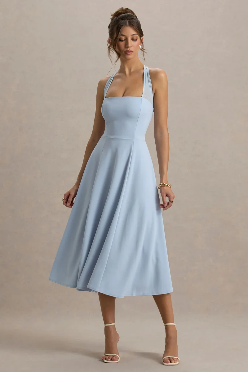 Auburn | Vestido midi azul bebé con escote halter de malla con lazo