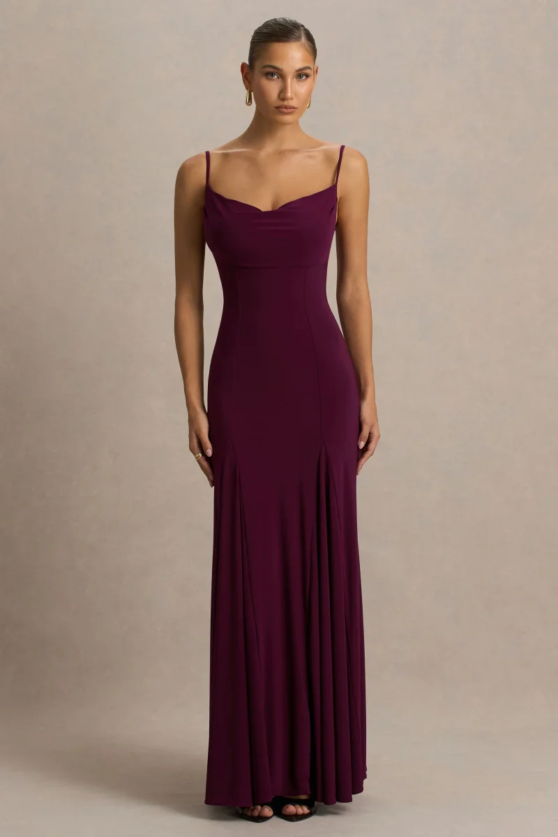 Gabbie | Vestido Largo Burdeos Con Escote Drapeado y Espalda De Malla - Imagen 6