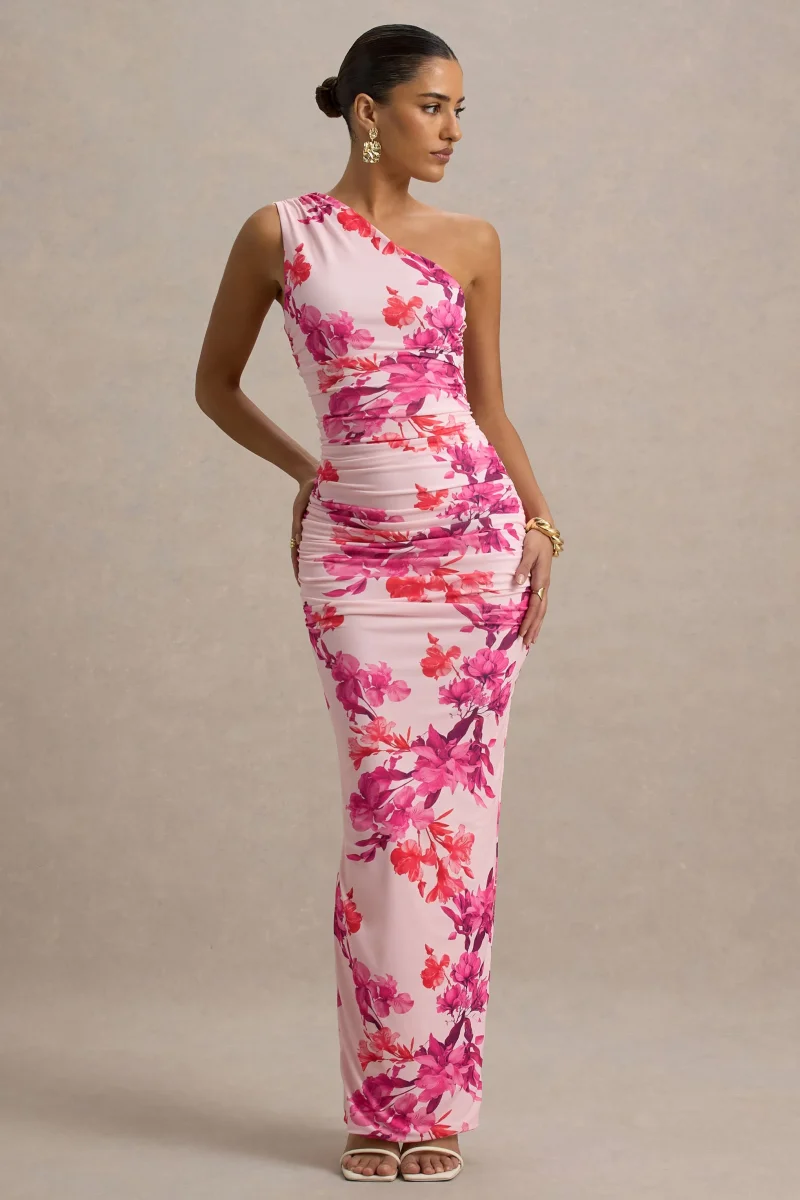 Dalarie | Vestido Largo Asimétrico con fruncido y Estampado Floral en Rosa y Naranja - Imagen 6
