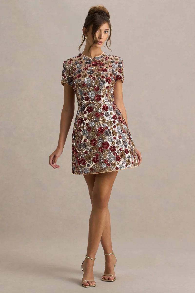 Eira | Vestido corto rojo de lentejuelas con estampado floral y escote redondo - Imagen 5