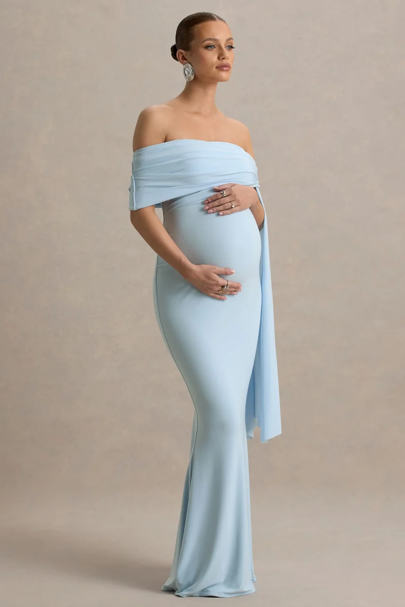 Aquila | Vestido largo de premamá Azul bebé con Escote Bardot y Manga Drapeada - Imagen 6