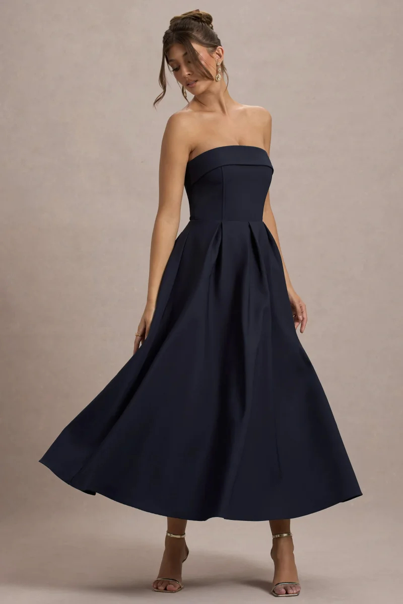 Annalise | Vestido Midi Azul Marino De Bandeau Con Falda Plisada - Imagen 6