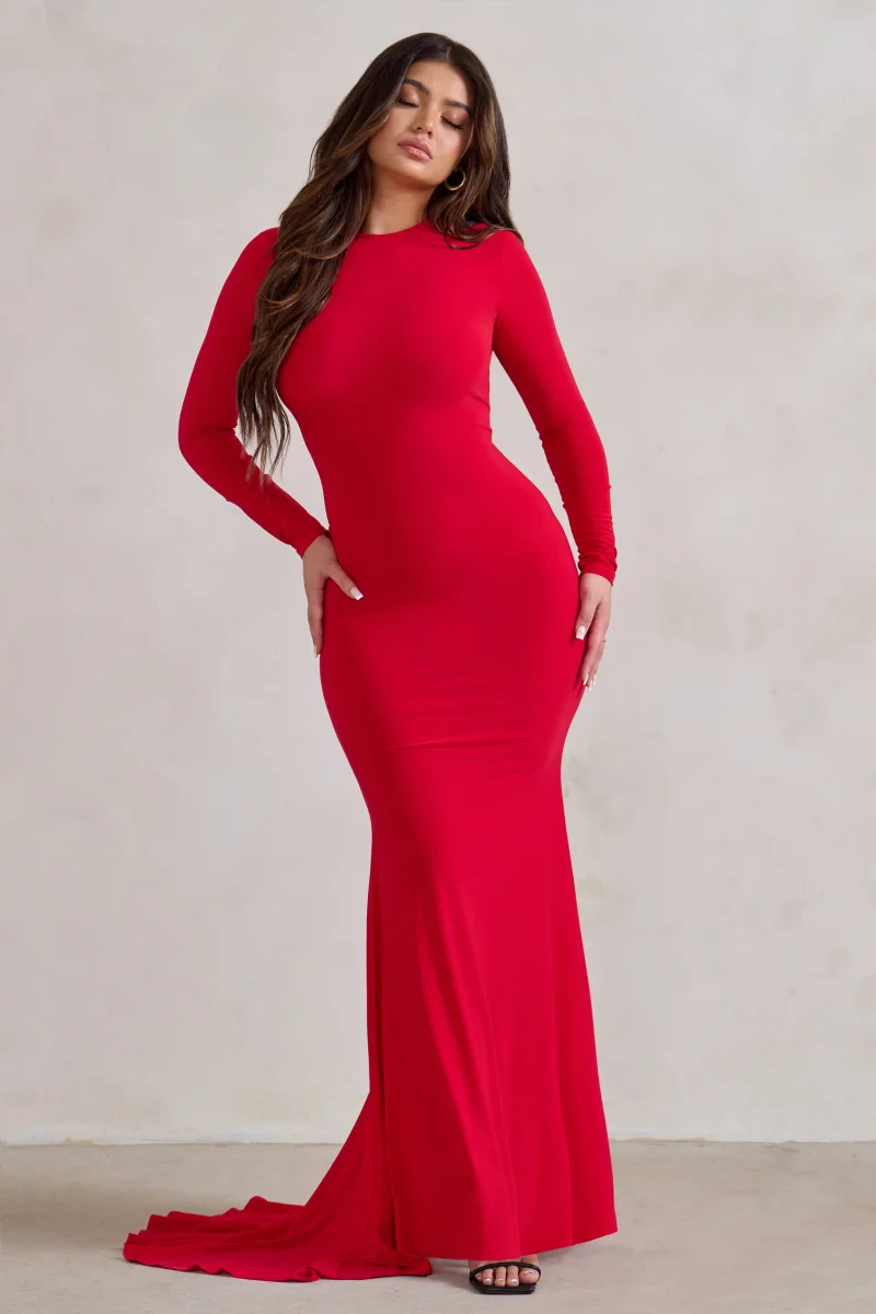 One Step Ahead | Vestido Largo Rojo de Manga Larga Abertura en Espalda y corte Sirena - Imagen 5
