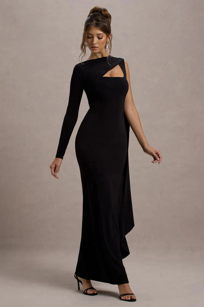 Ashini | Vestido largo Negro de Una Manga con Capa - Imagen 7