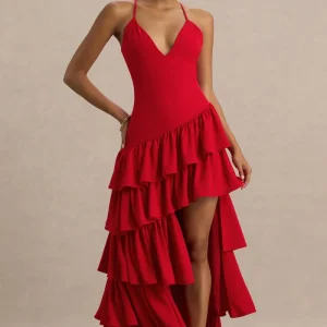 Bogota | Vestido rojo largo con escote pronunciado y detalle de falda con volantes