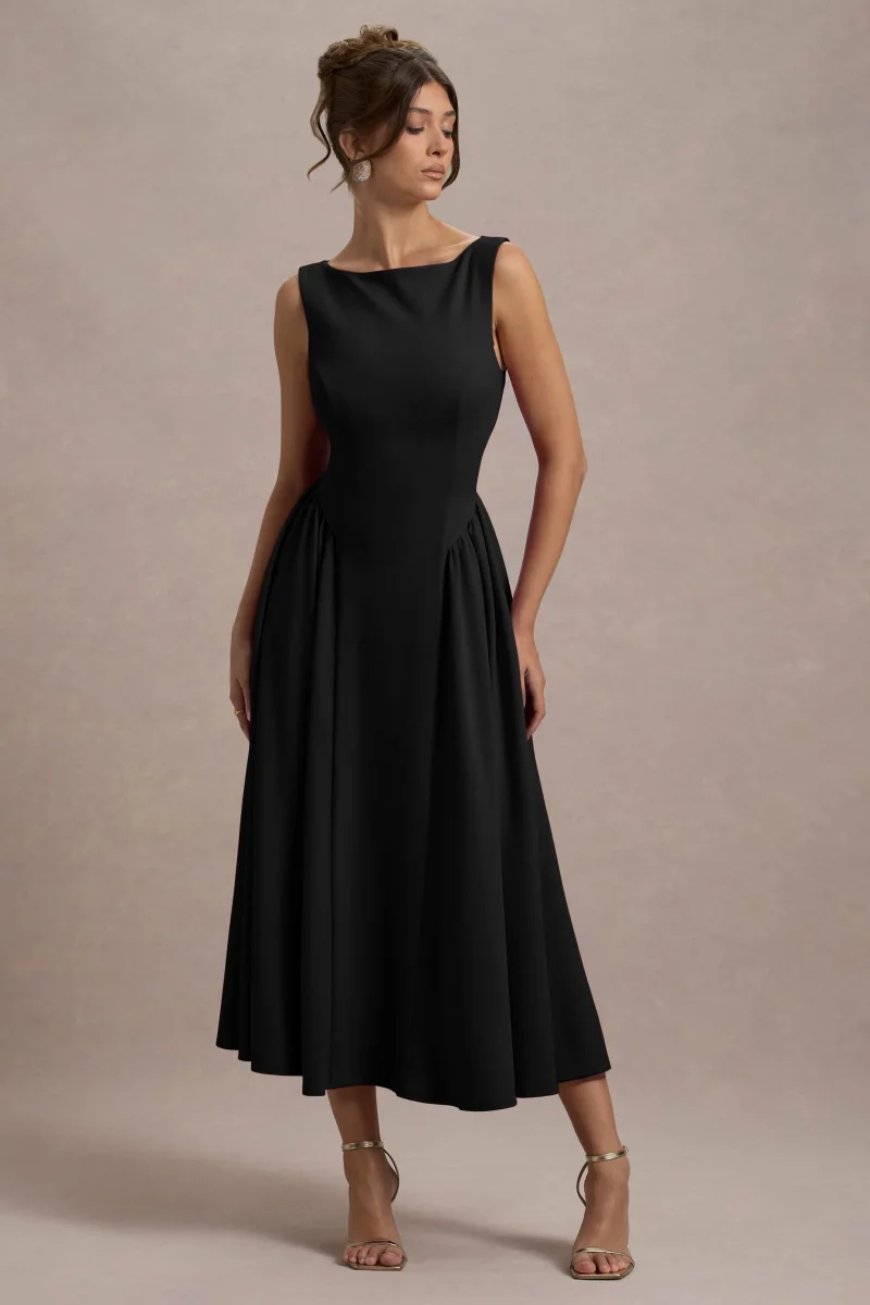 Muriel | Vestido midi negro con escote barco y bajo con volumen - Imagen 4