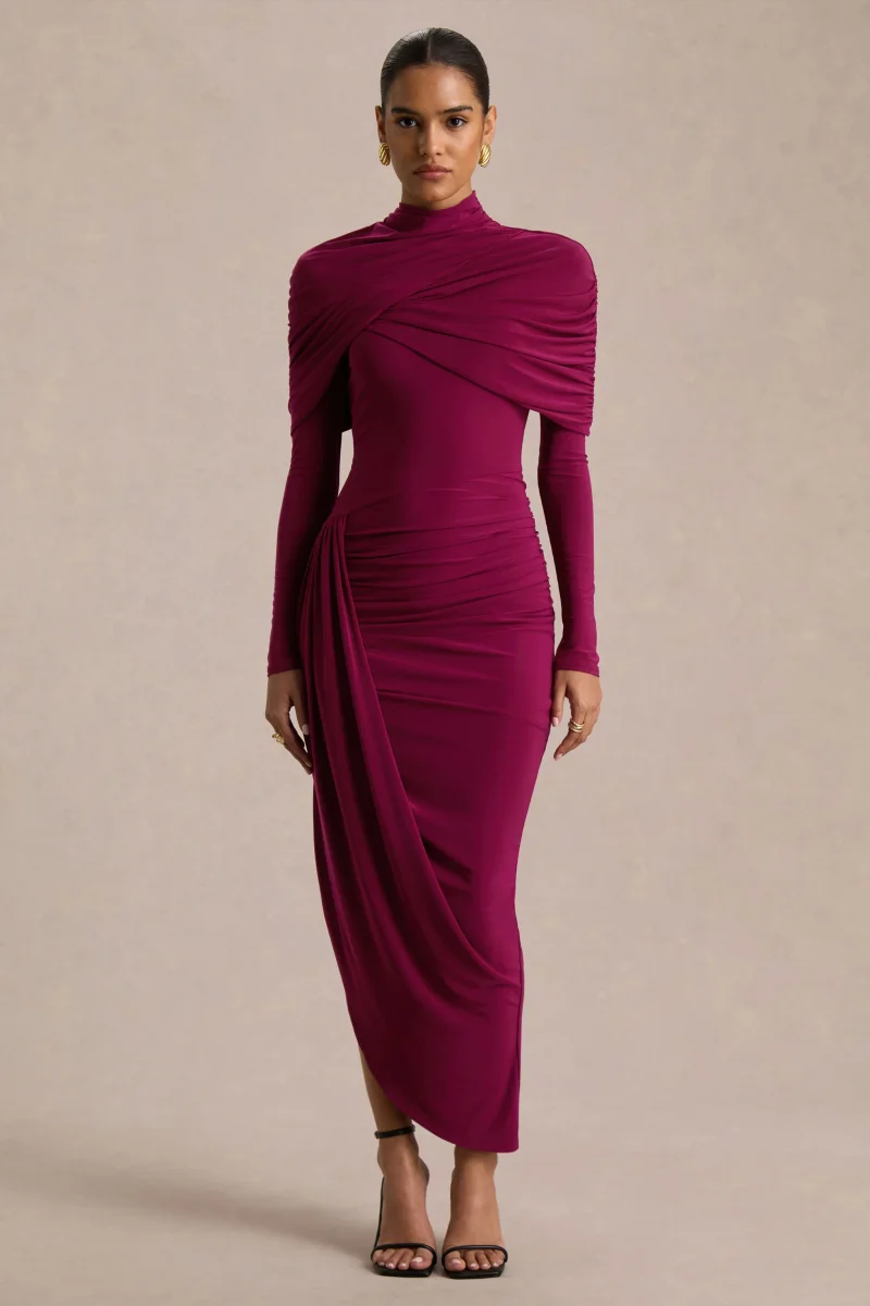 Aneira | Vestido largo burdeos de cuello alto con mangas capa - Imagen 6