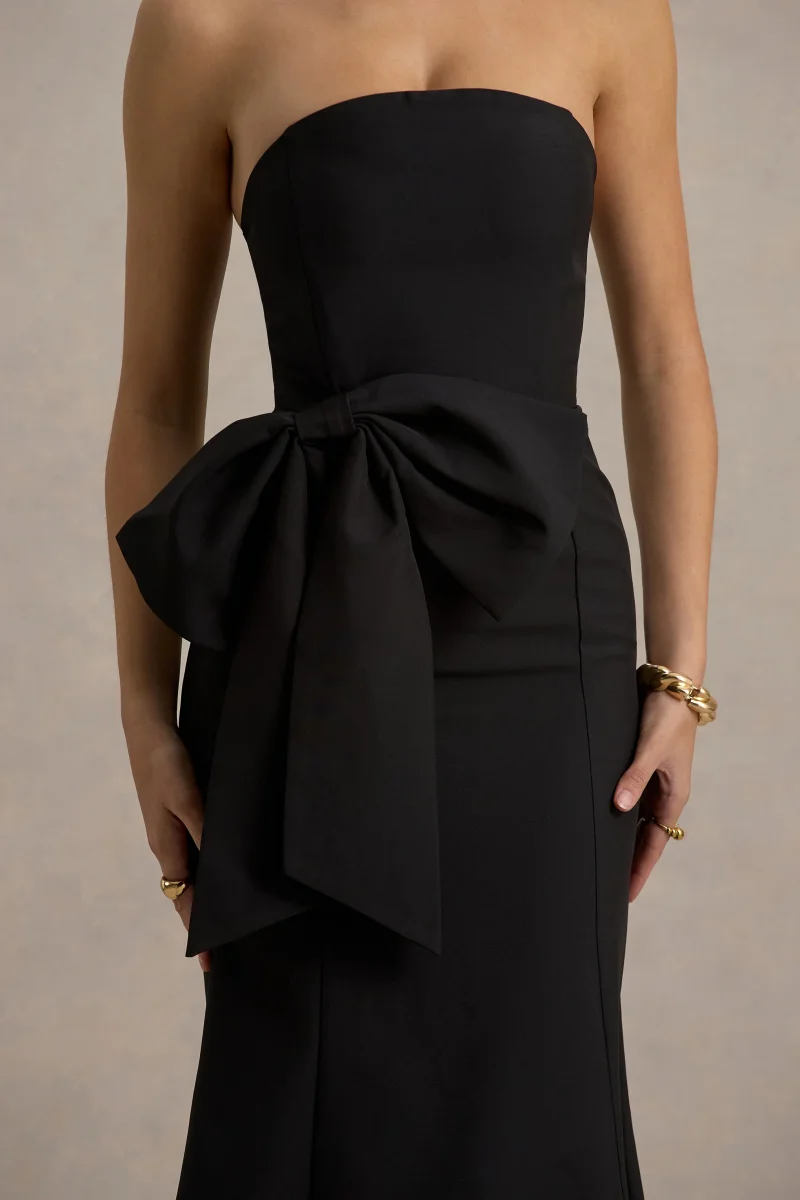 To Me | Vestido Midi Negro con escote Bandeau y lazo Oversized - Imagen 7