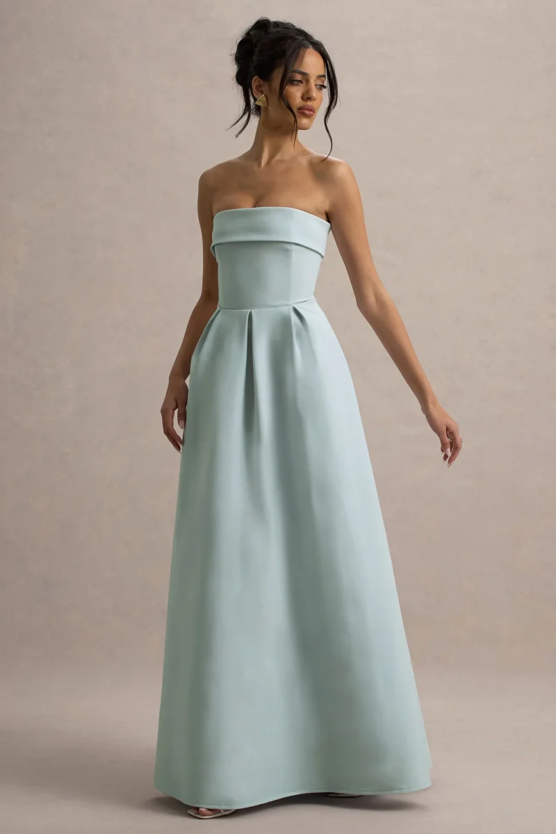 Maddalena | Vestido largo en azul empolvado con falda plisada - Imagen 8