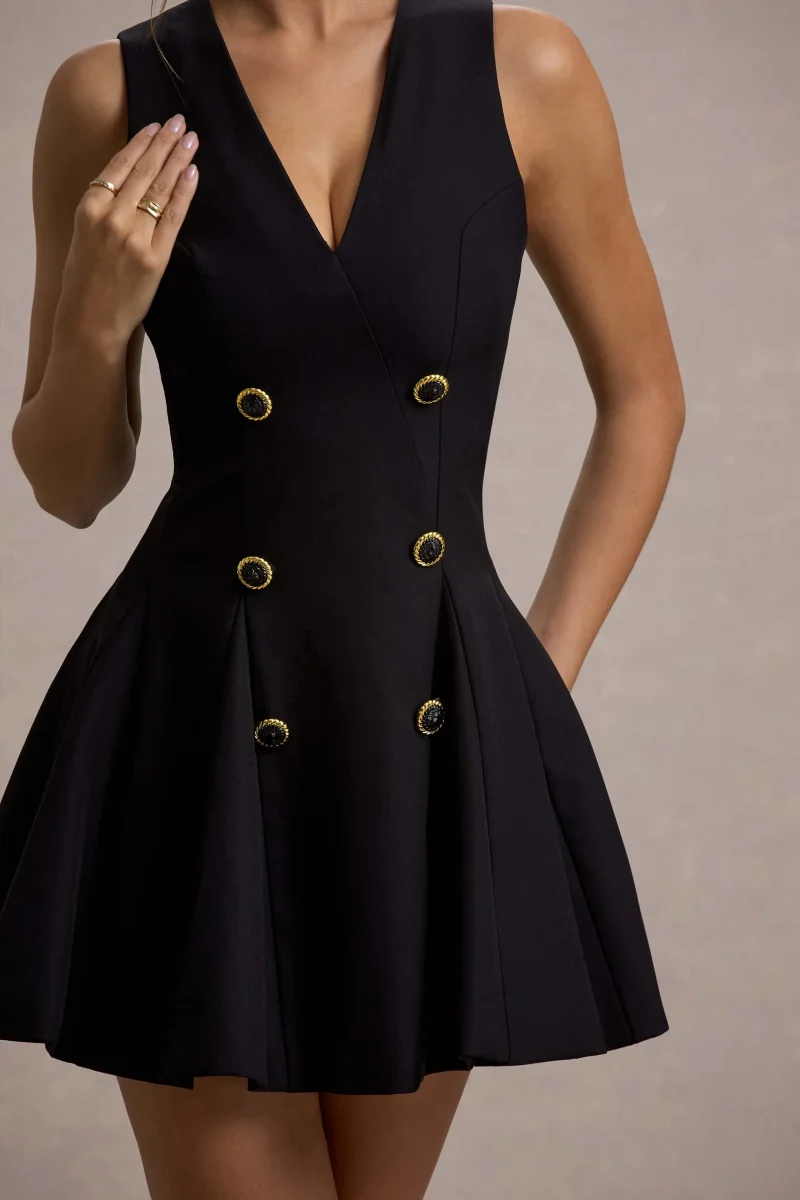 Collette | Vestido corto Negro Entallado con Escote Pronunciado y botones - Imagen 8