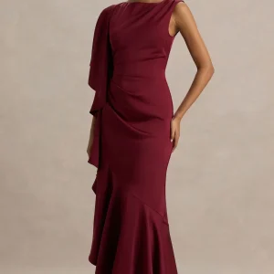 Freya | Vestido Largo De Satén Burdeos Con Cuello Alto y Detalle Fruncido