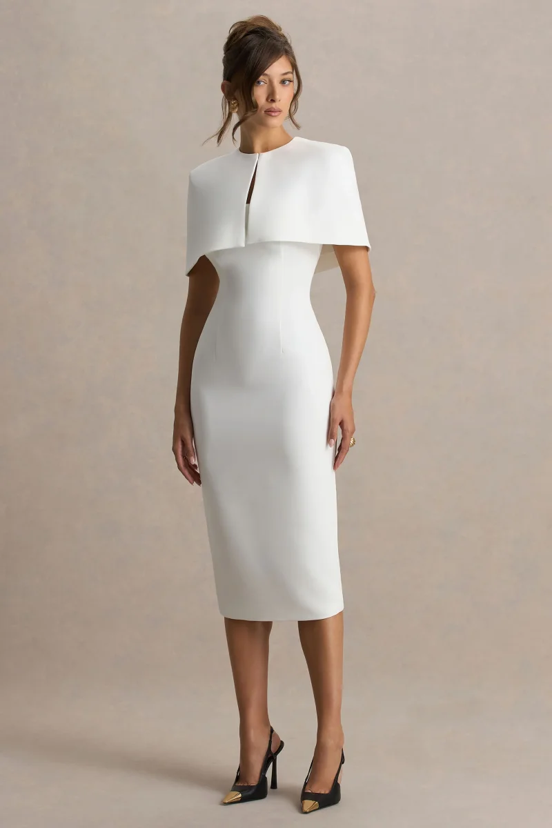 Baylor | Vestido midi blanco con detalle de capa removible - Imagen 7