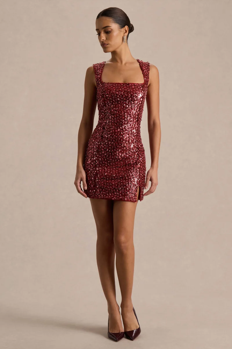 Elettra | Vestido Corto de Lentejuelas Burdeos con Escote Cuadrado - Imagen 6