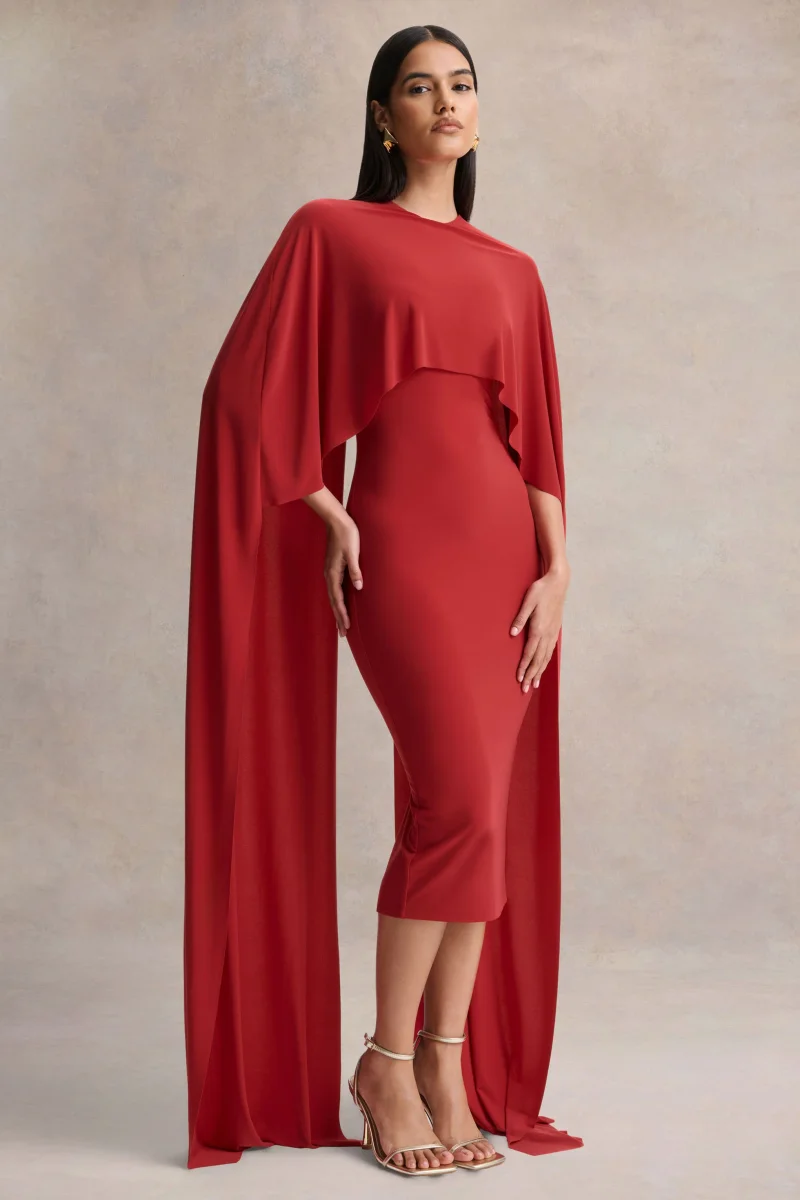 Kalani | Vestido Midi Rojo con Cuello Redondo y Mangas Tipo Capa - Imagen 5