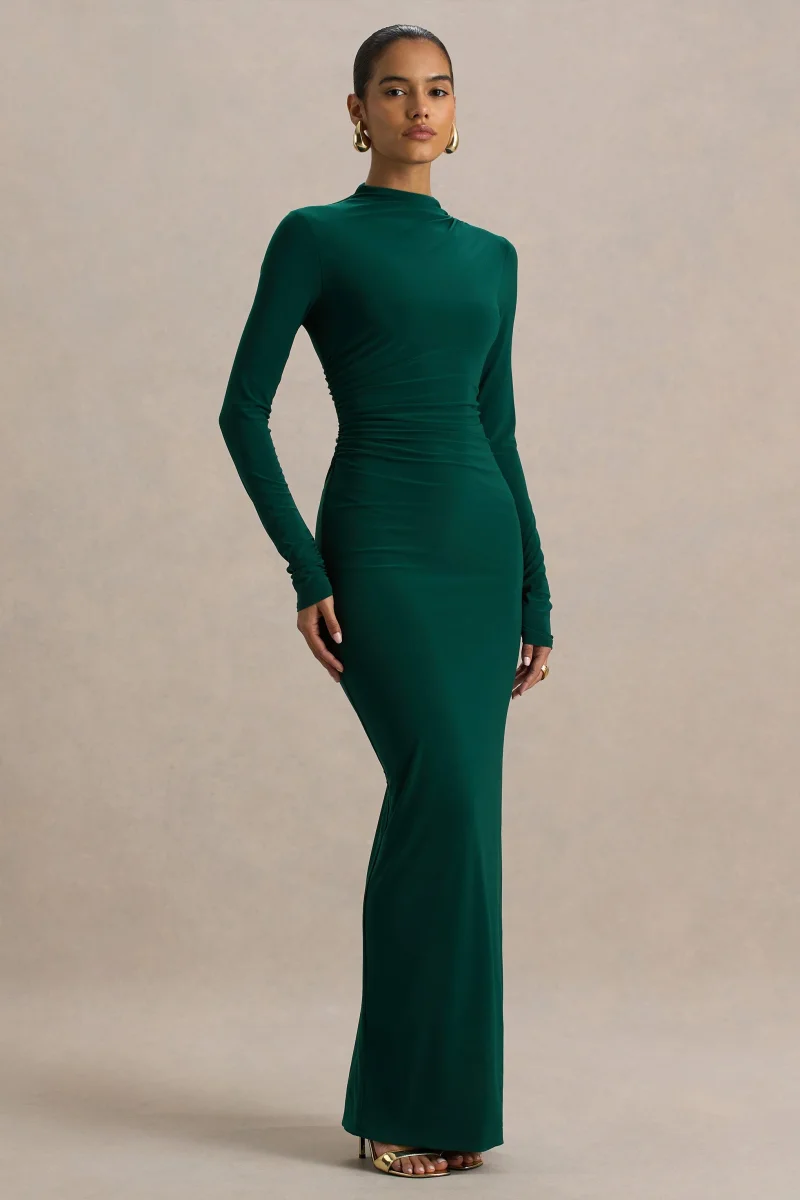 Eden | Vestido Largo Verde Botella con Escote Alto y Detalles Fruncidos - Imagen 4